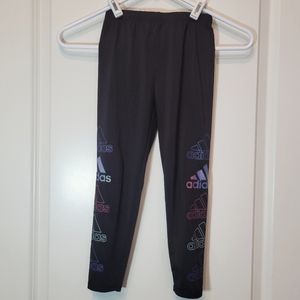 Girl Size 6 black full length leggings with multi color logo ADIDAS